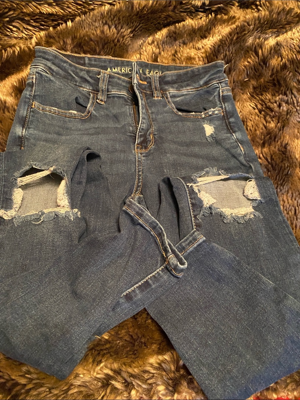 American Eagle Outfitters Women's Dark Blue Ripped Skinny Jeans